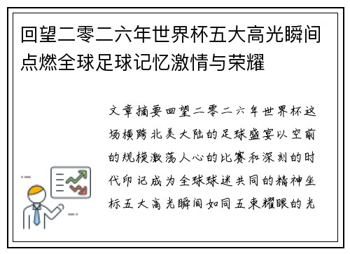 回望二零二六年世界杯五大高光瞬间点燃全球足球记忆激情与荣耀 回望二零二六年世界杯五大高光瞬间点燃全球足球记忆激情与荣耀
